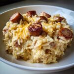 Close-up of creamy, cheesy sausage and rice topped with browned sausage slices in a white bowl.
