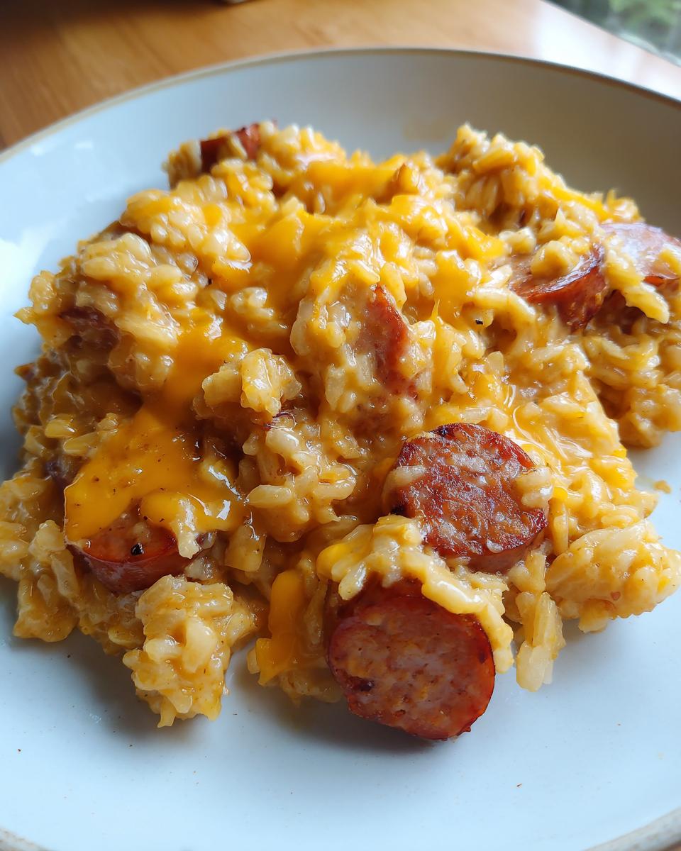 A close-up of creamy, cheesy sausage and rice topped with melted cheddar cheese on a white plate.