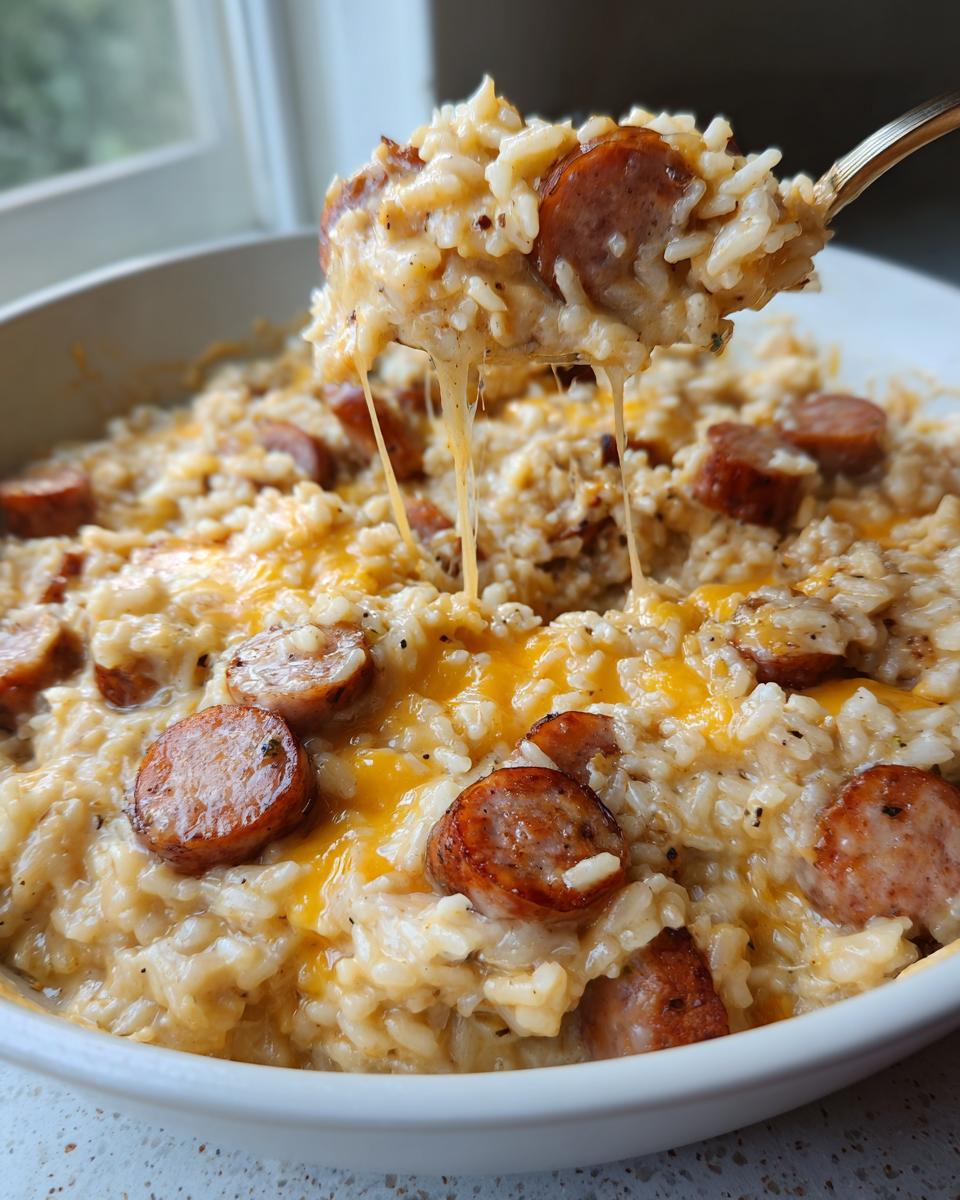 A spoonful of cheesy sausage and rice lifted from a bowl, showing melted cheese stretching between the spoon and the dish.