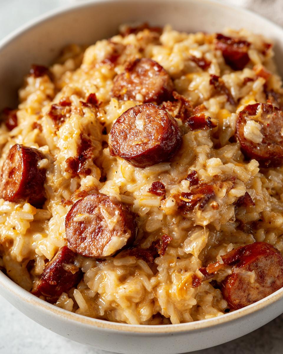 Close-up of creamy, cheesy sausage and rice mixture topped with browned sausage slices.