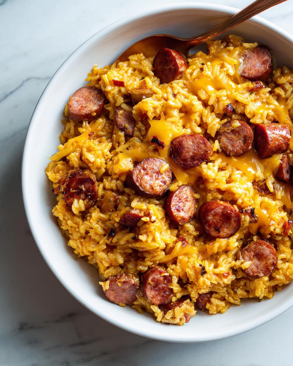 Close-up overhead view of cheesy sausage and rice mixed together in a white bowl with a spoon.