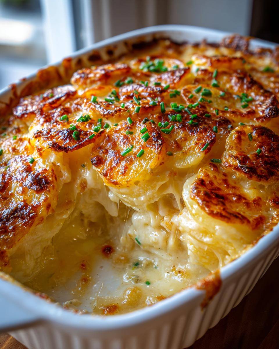 Close-up of creamy, cheesy scalloped potatoes with a golden-brown, bubbly top garnished with chives.