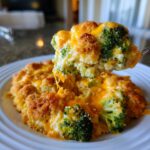 A spoonful of cheesy, baked broccoli casserole lifted from a serving on a white plate.