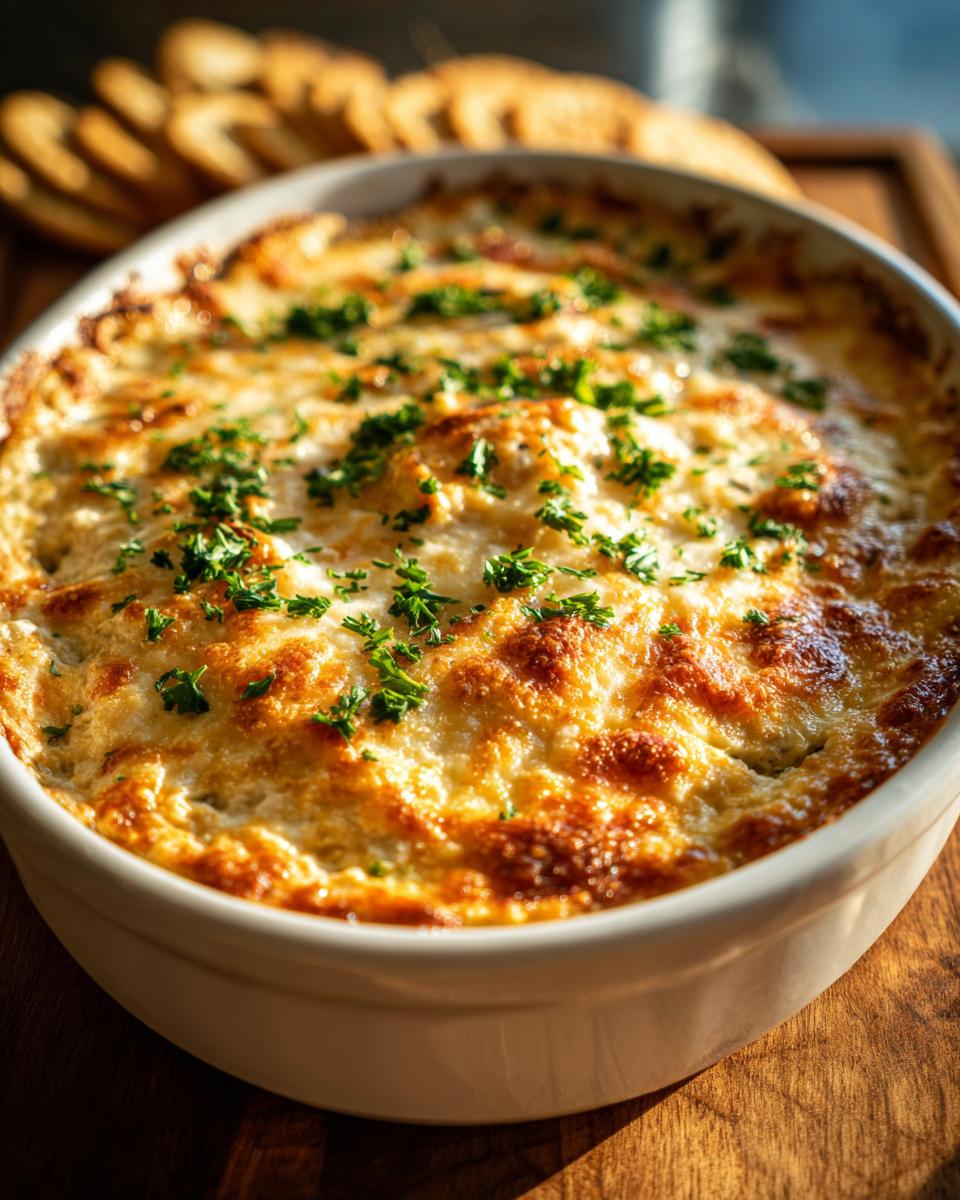 A close-up of hot, bubbly, cheesy stuffed mushroom dip garnished with parsley, served in a white baking dish.