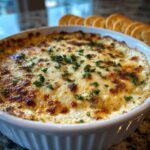 Close-up of hot, cheesy stuffed mushroom dip topped with parsley, served with crackers.
