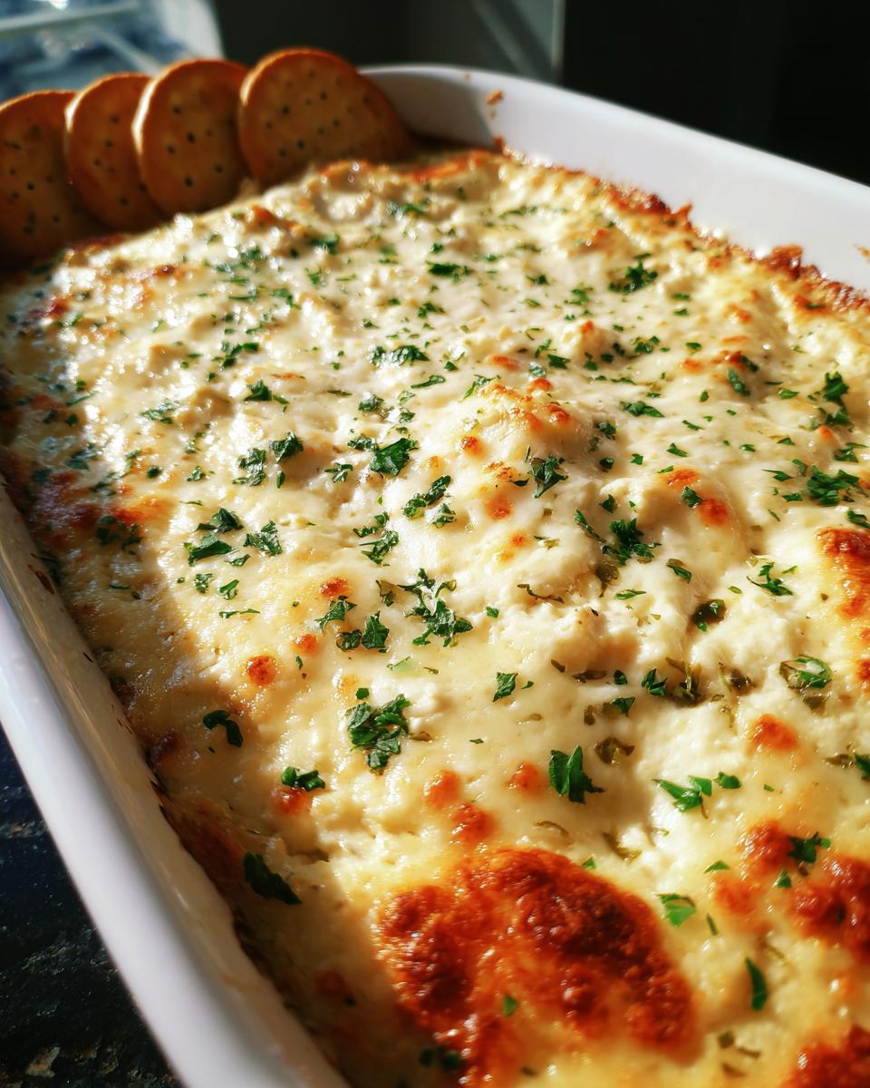 Close-up of hot, bubbly stuffed mushroom dip topped with melted cheese and parsley, served with crackers.