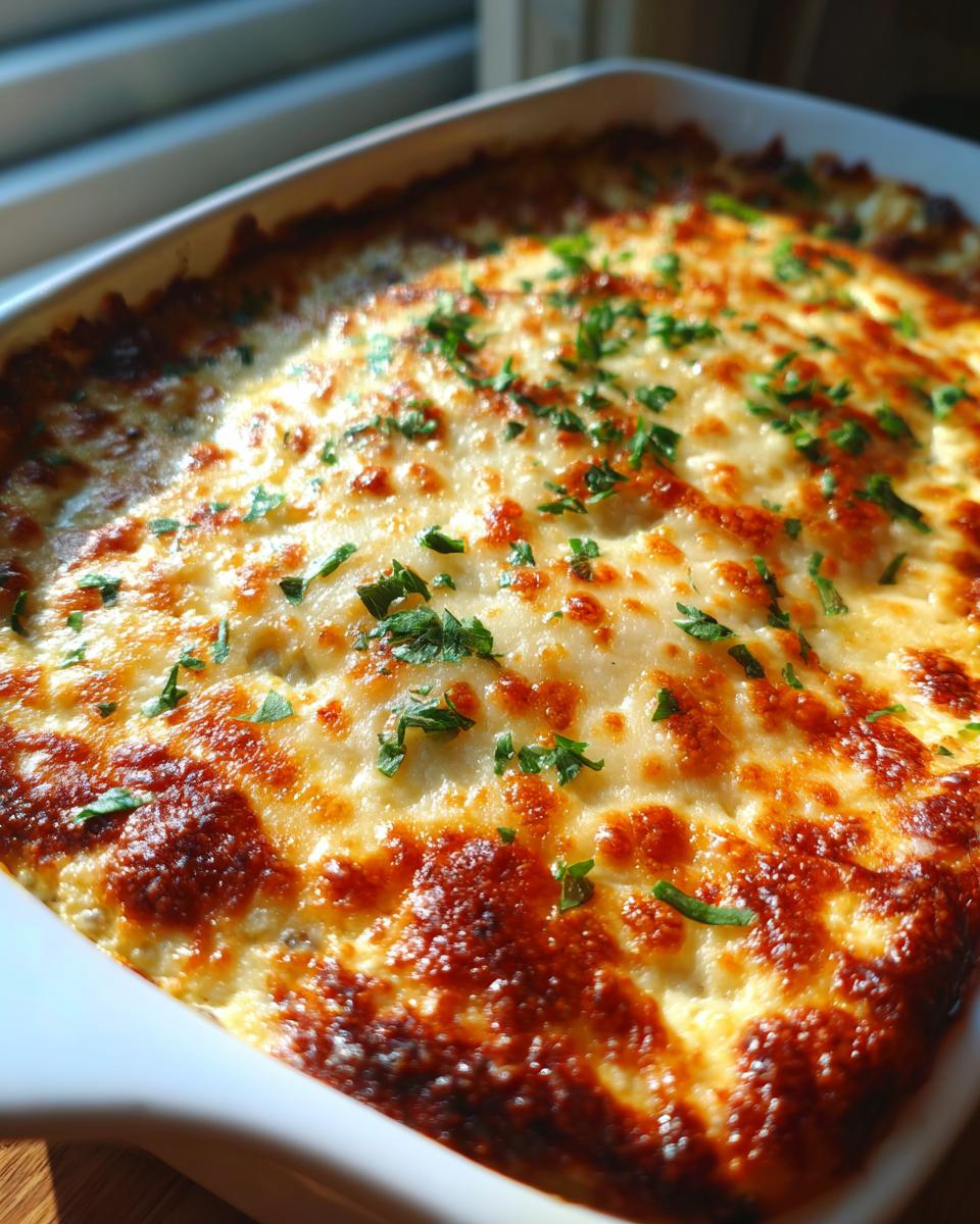Close-up of hot, bubbly stuffed mushroom dip topped with melted, browned cheese and fresh parsley.