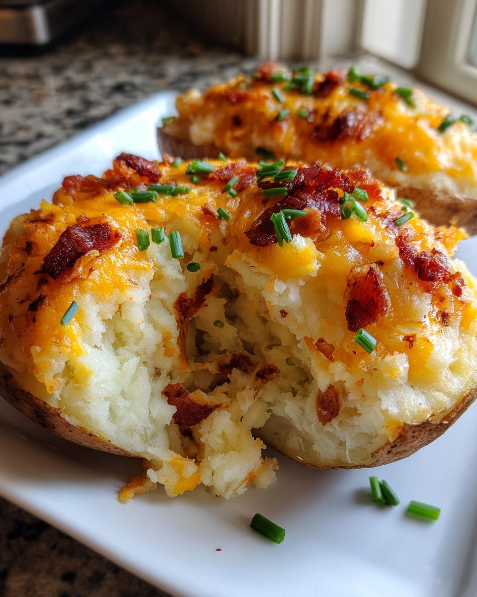 A close-up view of a delicious twice-baked potato, loaded with melted cheddar cheese, bacon bits, and chives.