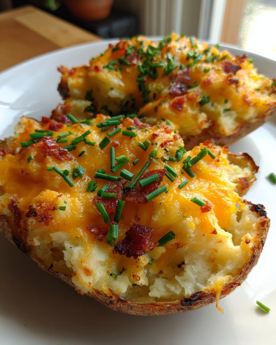 Two halves of cheesy twice-baked potatoes topped with bacon bits and fresh green chives on a white plate.