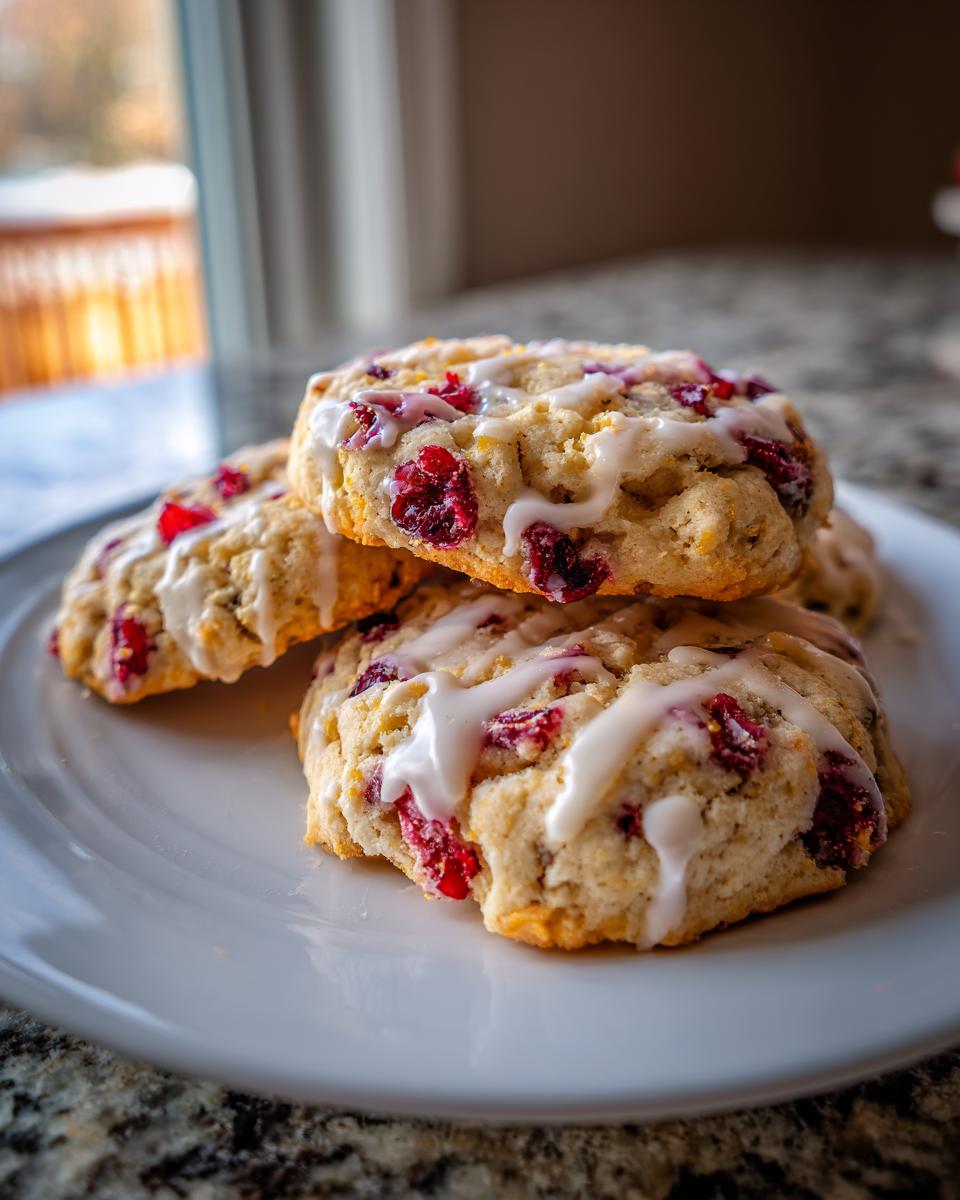 Close-up of three chewy cranberry orange cookies stacked on a white plate, drizzled with white icing.