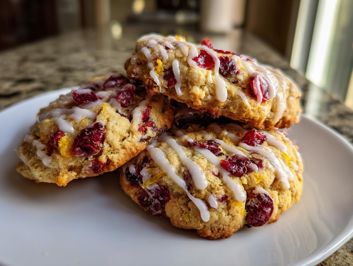 A stack of three chewy cranberry orange cookies drizzled with white icing on a white plate.