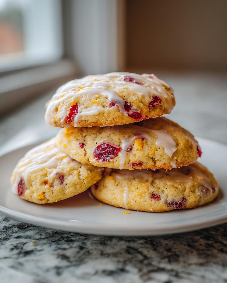A stack of three chewy cranberry orange cookies drizzled with white icing, sitting on a white plate.