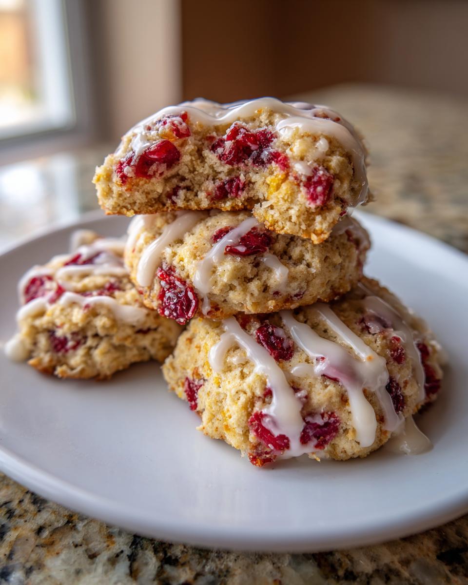 A stack of three chewy cranberry orange cookies drizzled with white glaze on a white plate.