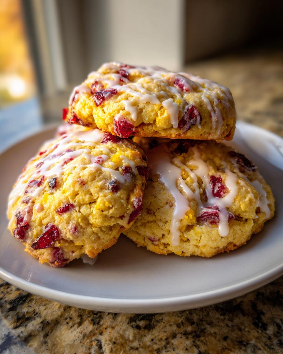 Three chewy cranberry orange cookies stacked on a white plate, drizzled with white icing.