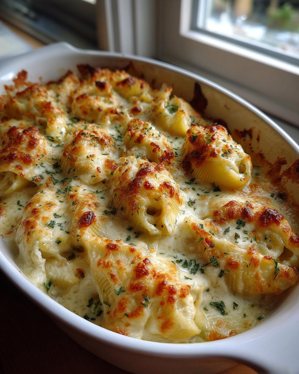 A white baking dish filled with baked chicken alfredo stuffed shells covered in creamy sauce and browned cheese.