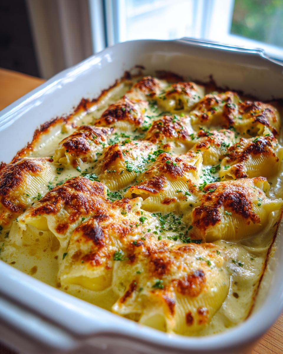 Close-up of baked chicken alfredo stuffed shells covered in creamy sauce and browned cheese.