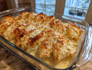 A glass baking dish filled with baked chicken alfredo stuffed shells covered in bubbly, browned cheese and herbs.