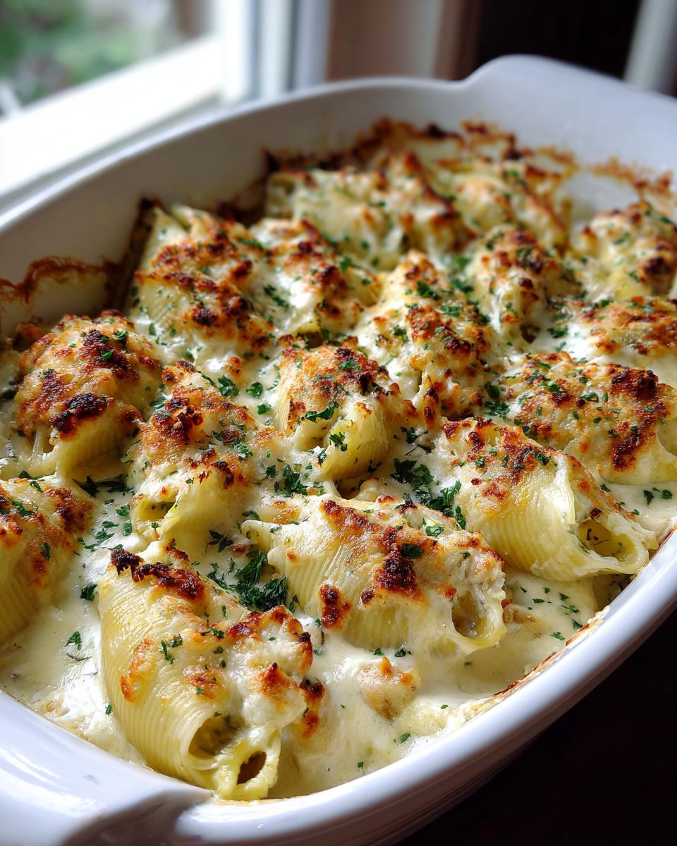 Close-up of baked chicken alfredo stuffed shells topped with browned cheese and fresh parsley in a white casserole dish.