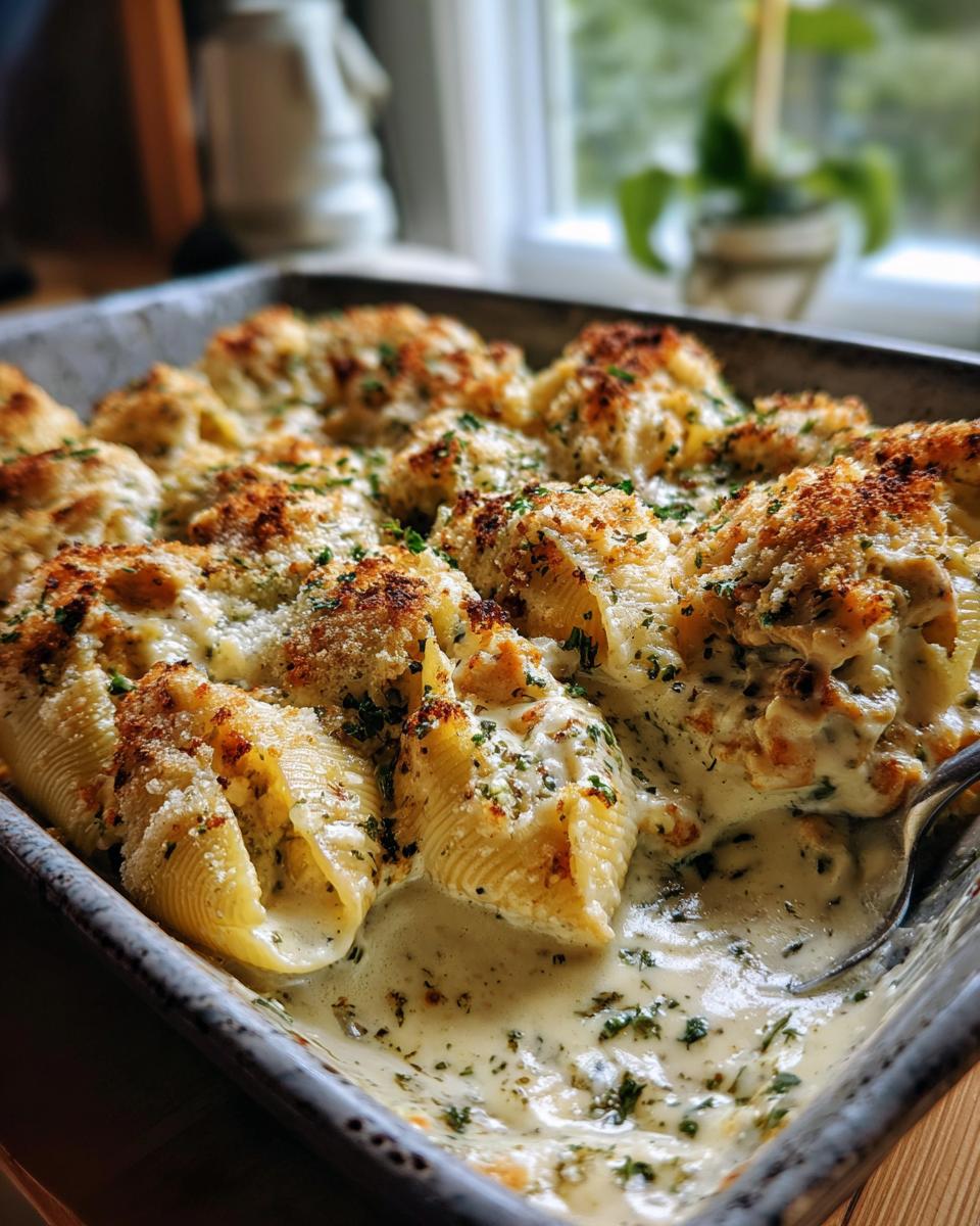 Close-up of baked chicken alfredo stuffed shells covered in creamy sauce and toasted breadcrumbs.