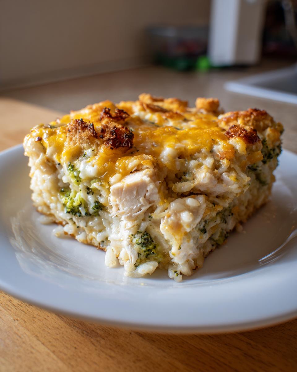 A square serving of creamy chicken and broccoli rice casserole topped with melted cheddar cheese.