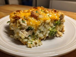 A generous slice of creamy chicken broccoli rice casserole topped with melted cheddar cheese on a white plate.