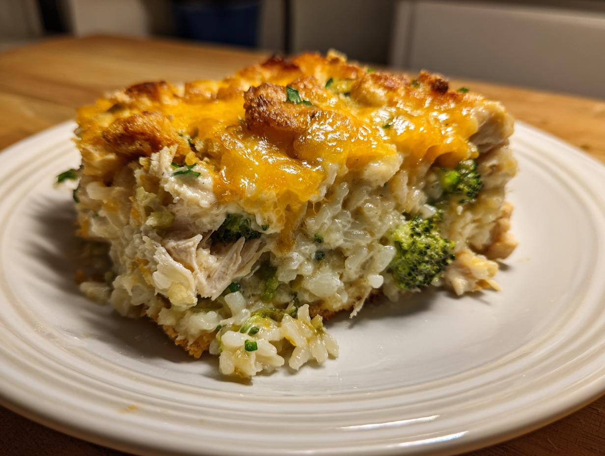 A generous slice of creamy chicken broccoli rice casserole topped with melted cheddar cheese on a white plate.