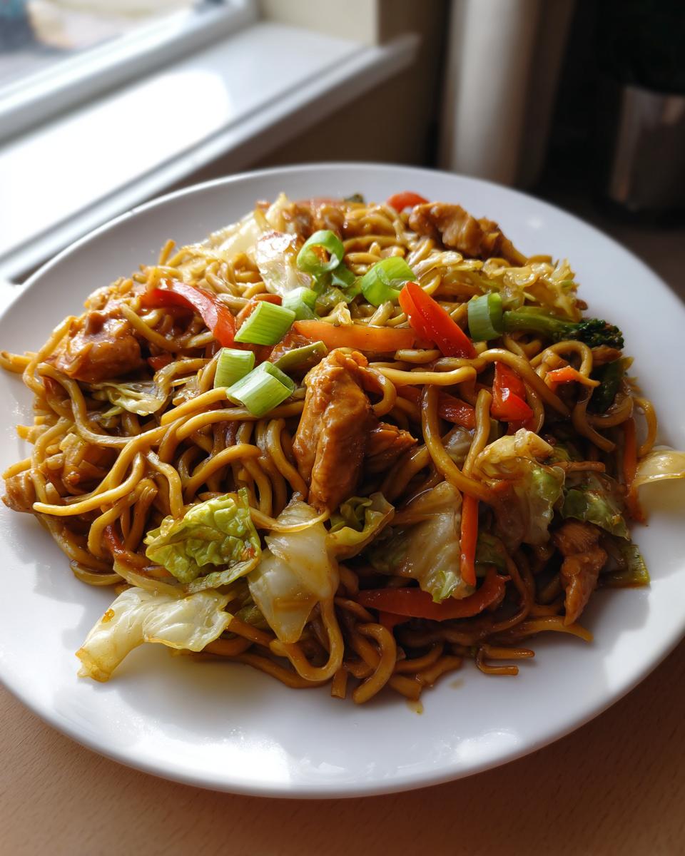 A close-up of a white plate filled with delicious chicken chow mein recipe noodles, chicken pieces, cabbage, and peppers, garnished with green onions.