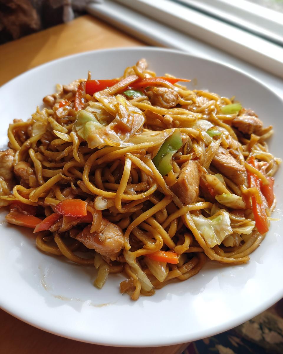 Close-up of a white plate filled with homemade chicken chow mein recipe, featuring noodles, chicken pieces, cabbage, and carrots.