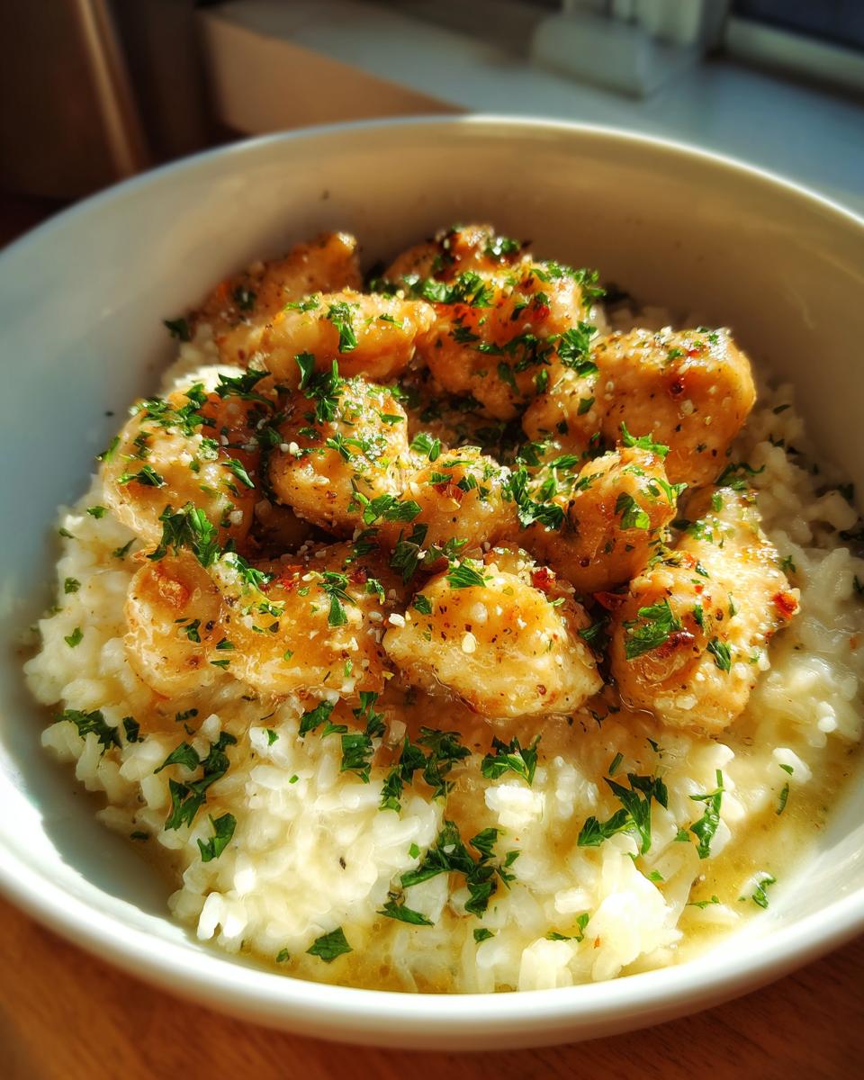 Close-up of chicken scampi served over creamy garlic parmesan rice, garnished with parsley.