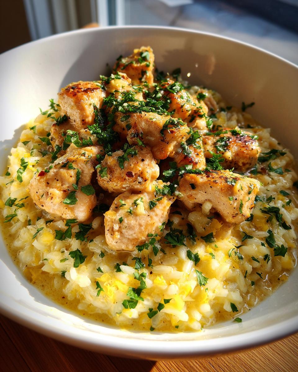 Close-up of chicken scampi with garlic parmesan rice, topped with fresh parsley.