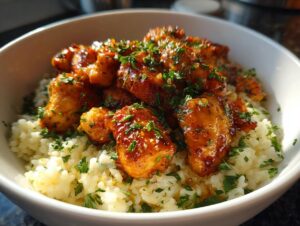 Close-up of glazed chicken scampi pieces served over creamy garlic parmesan rice, garnished with fresh parsley.