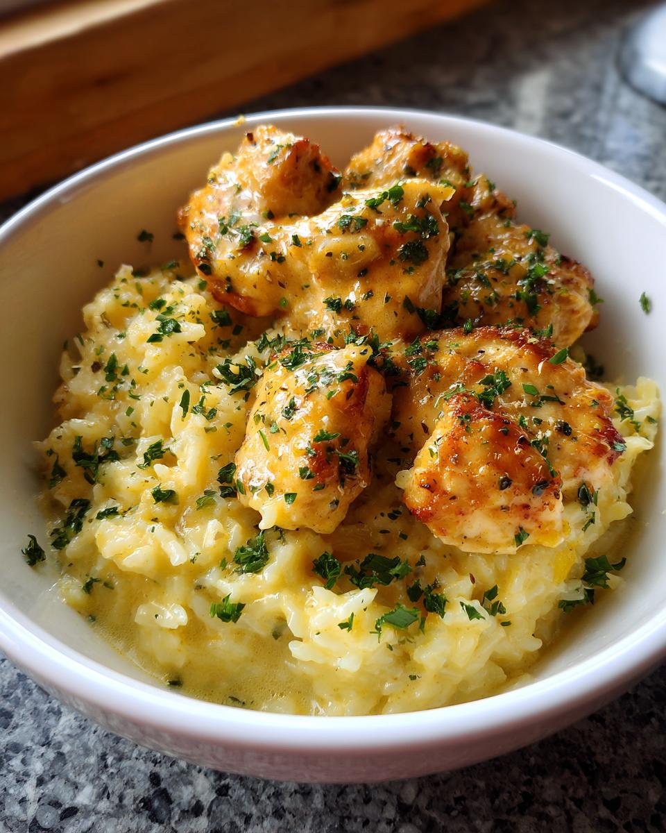 Close-up of chicken scampi pieces served over creamy garlic parmesan rice, garnished with parsley.