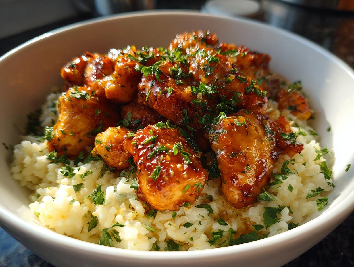 Close-up of glazed chicken scampi pieces served over creamy garlic parmesan rice, garnished with fresh parsley.