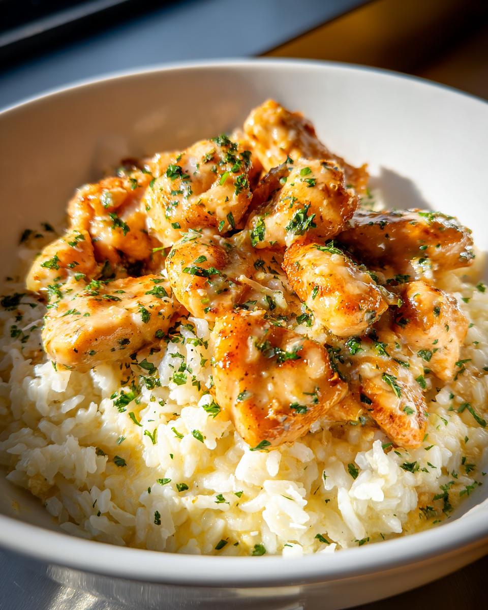 Close-up of juicy chicken scampi pieces served over creamy garlic parmesan rice, garnished with parsley.
