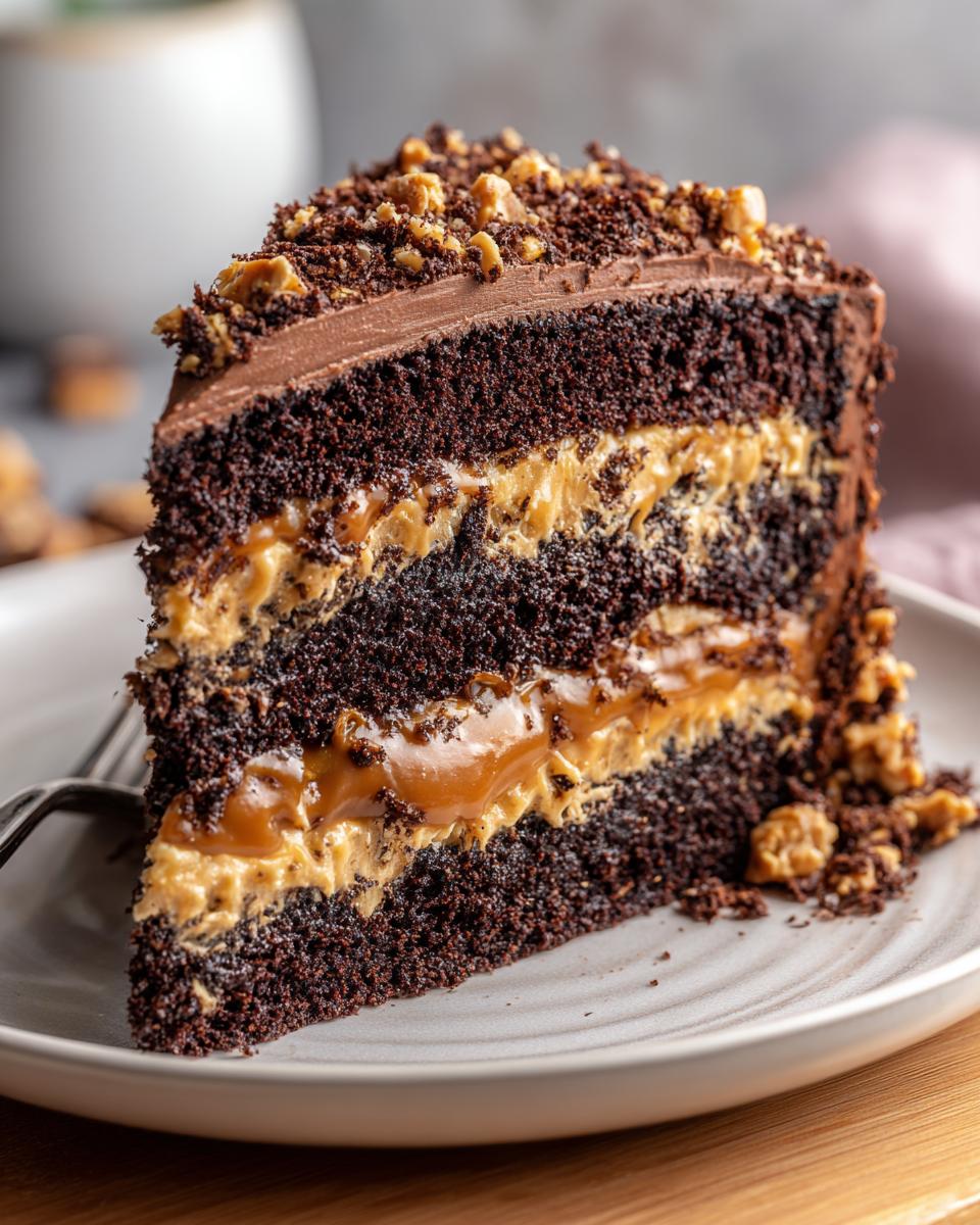 A decadent slice of chocolate caramel toffee crunch cake showing three dark chocolate layers filled with caramel and peanut butter frosting.