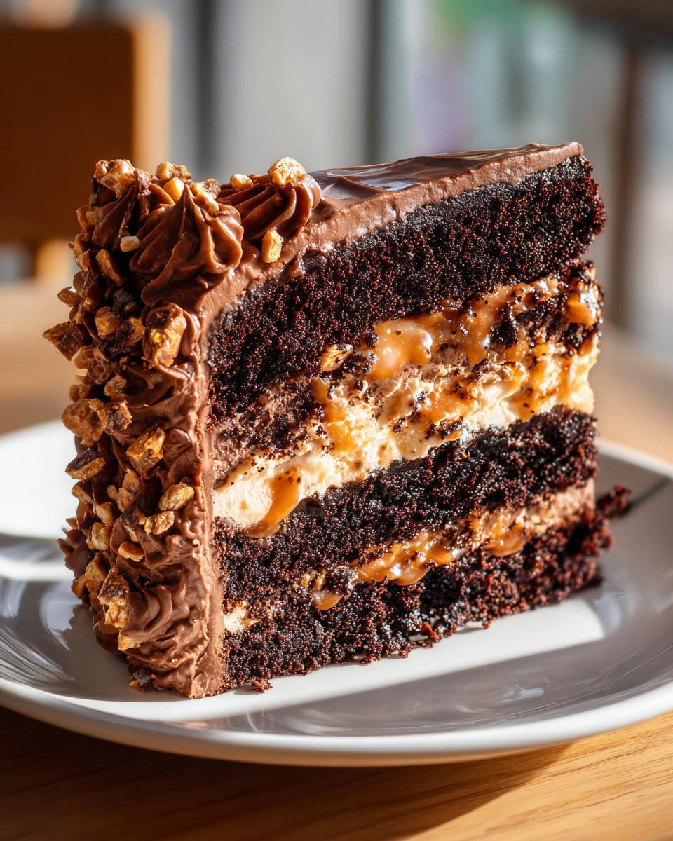 Close-up of a rich slice of chocolate caramel toffee crunch cake showing dark layers, caramel, and frosting.