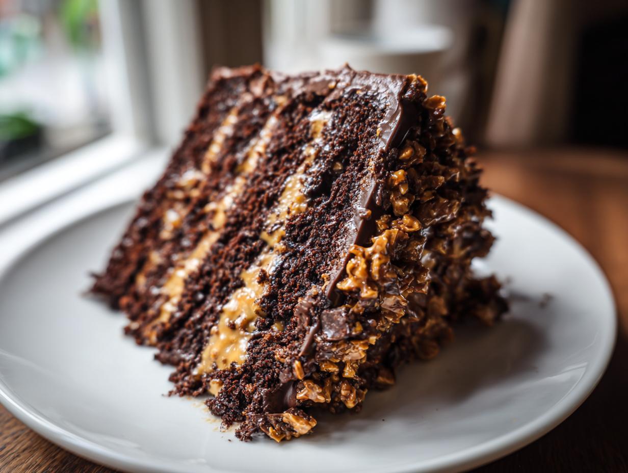 A decadent slice of chocolate caramel toffee crunch cake showing multiple dark layers and caramel filling.