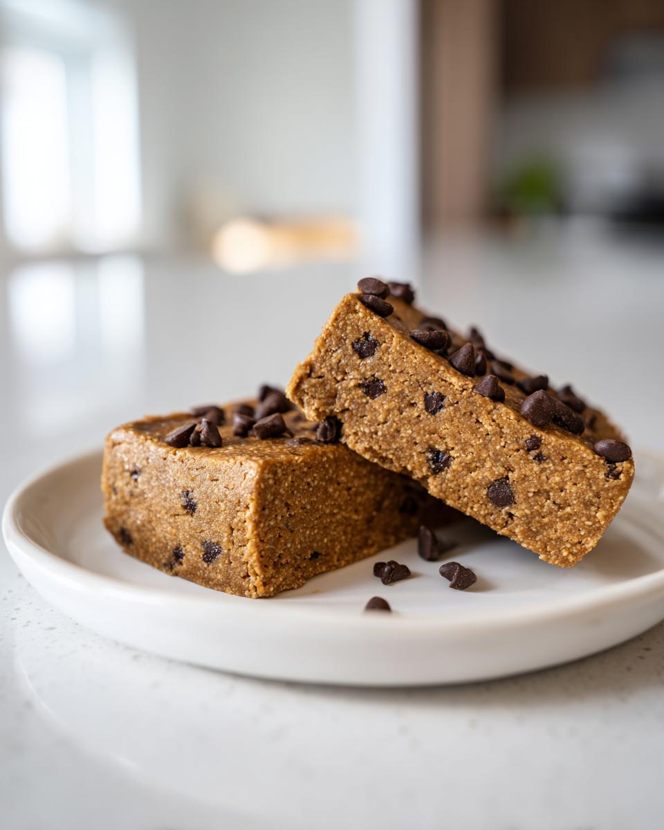 Two homemade chocolate chip protein bars stacked on a white plate, ready to eat.