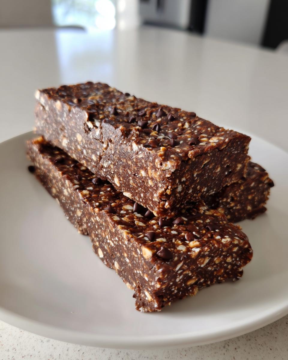 Three stacked, dense chocolate chip protein bars with visible oats and nuts on a white plate.