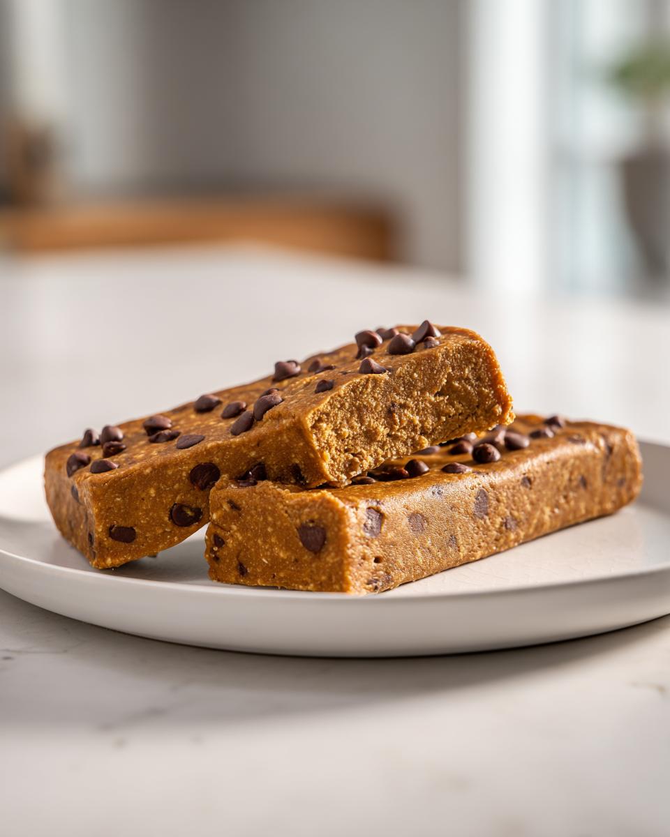 Two homemade chocolate chip protein bars stacked on a white plate, showing the dense texture inside.
