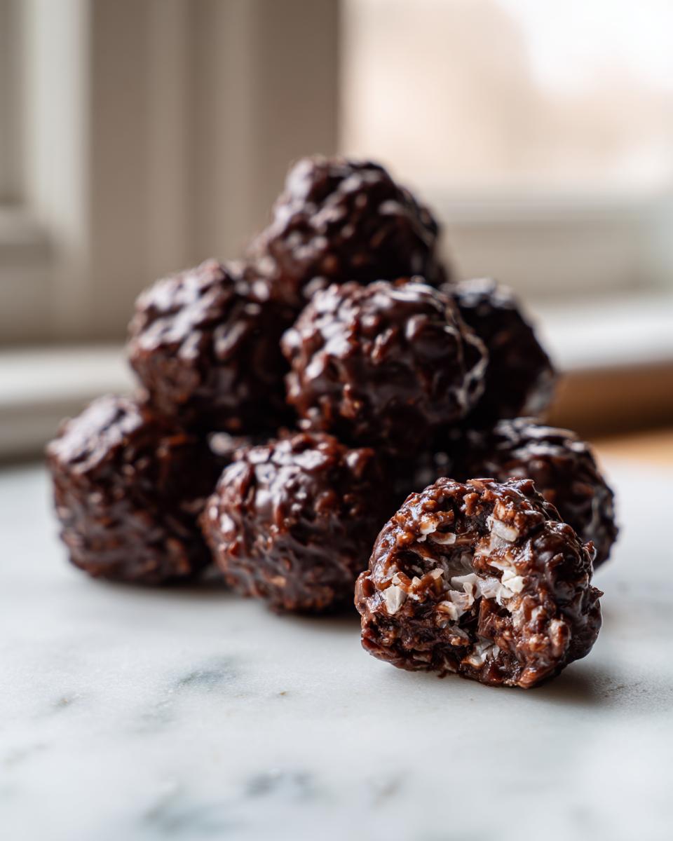 A stack of rich, dark chocolate covered coconut balls, with one bitten into revealing the white coconut interior.