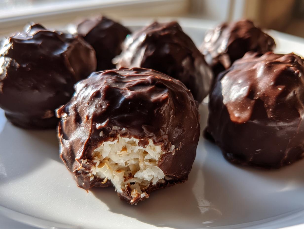 A close-up of several homemade coconut balls dipped in dark chocolate, with one showing a bite revealing the shredded coconut filling.