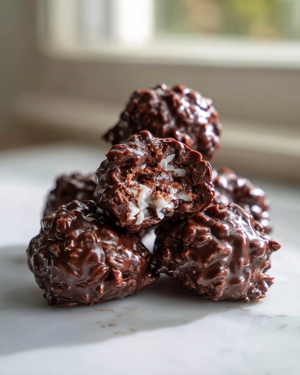 A stack of rich, dark chocolate covered coconut balls, one is bitten open revealing shredded coconut inside.