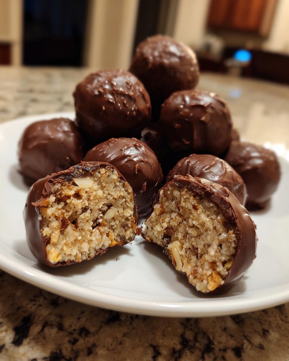 A pile of chocolate-covered pecan pie balls, with one cut in half showing the nutty interior.