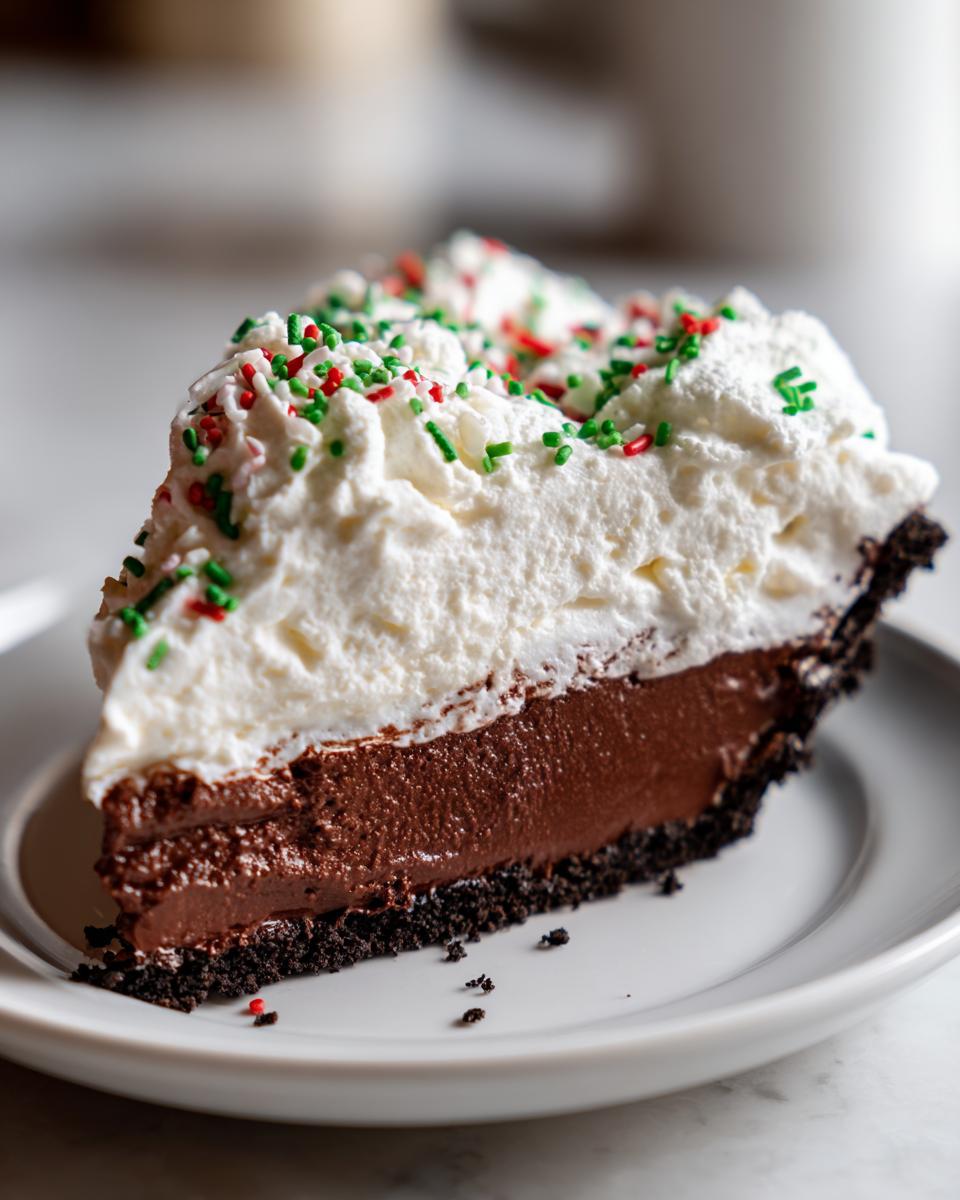 A rich slice of Christmas chocolate cream pie featuring a dark crust, thick chocolate filling, and whipped cream topped with red and green sprinkles.