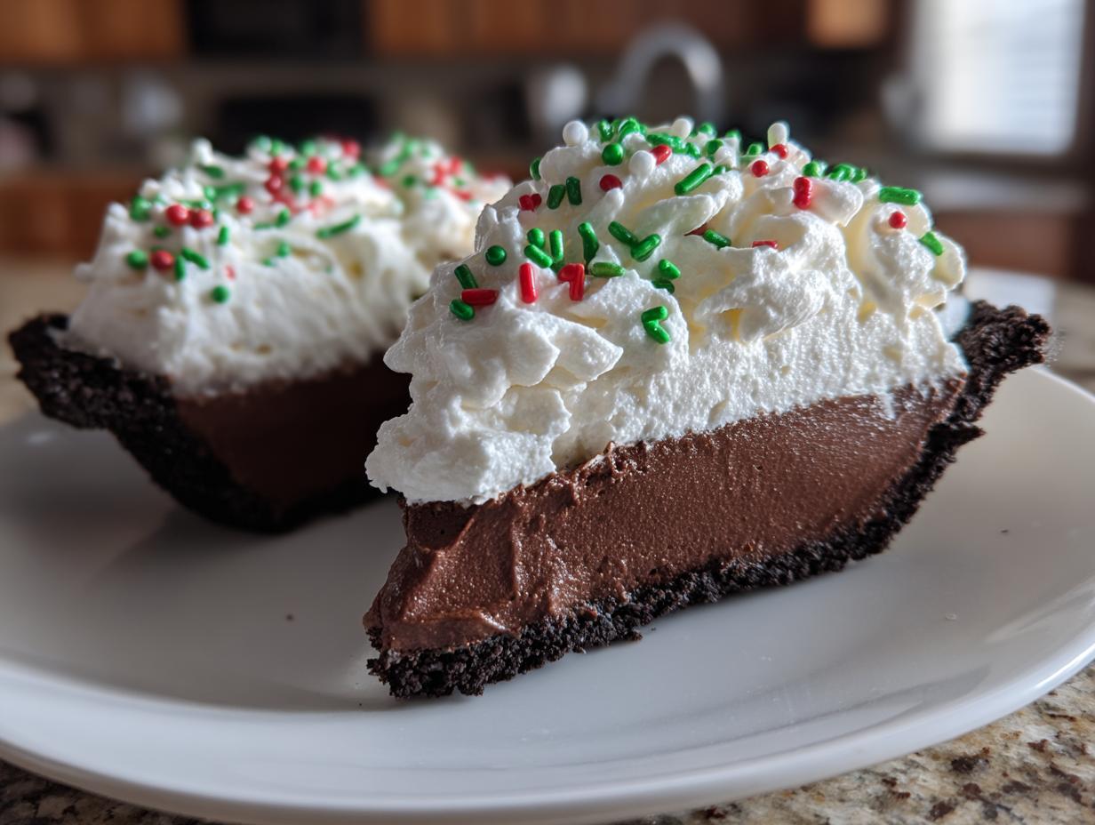 A close-up of a slice of Christmas chocolate cream pie featuring a dark crust, rich filling, and whipped cream topped with red and green sprinkles.