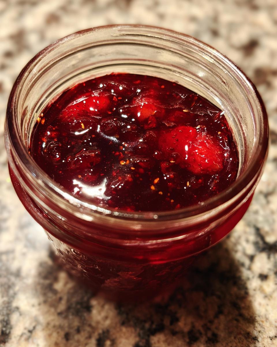 Close-up overhead view of rich, dark red christmas jam filled in a small glass jar, showing fruit pieces.