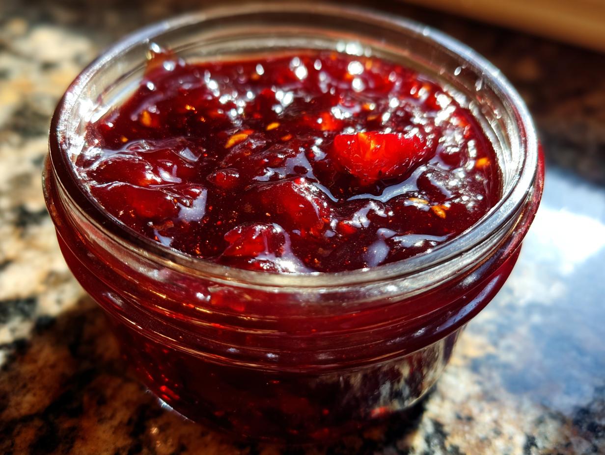 Close-up of thick, glossy, deep red christmas jam filled in a small glass jar, ready for gifting.