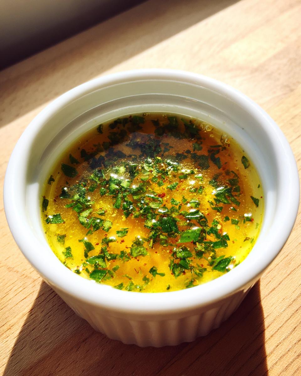 Close-up of melted, golden cowboy butter dipping sauce topped with fresh green parsley and red pepper flakes in a white ramekin.