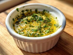 Close-up of melted cowboy butter dipping sauce, rich yellow with floating green herbs, in a white ramekin.
